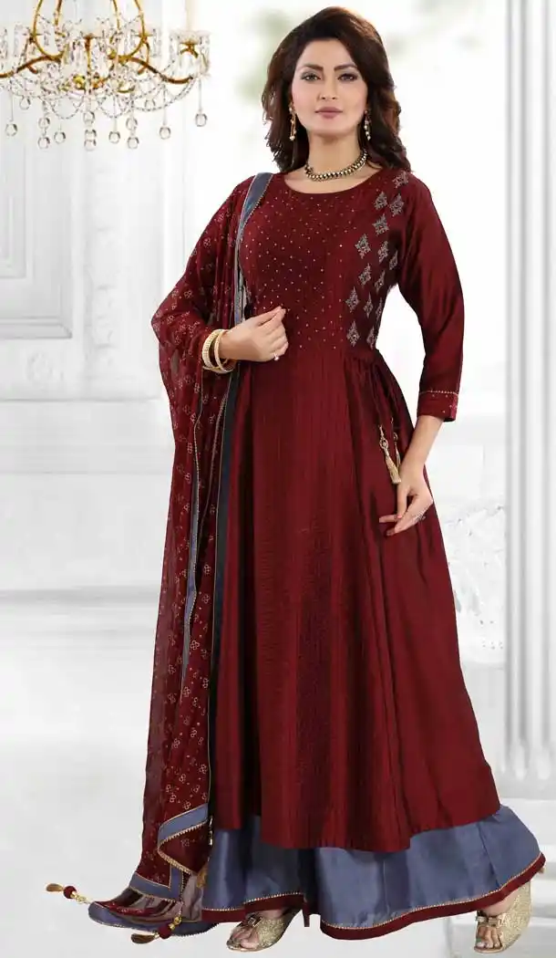 Maroon Color Art Silk Designer Party Wear Readymade Palazzo Suit -815999342