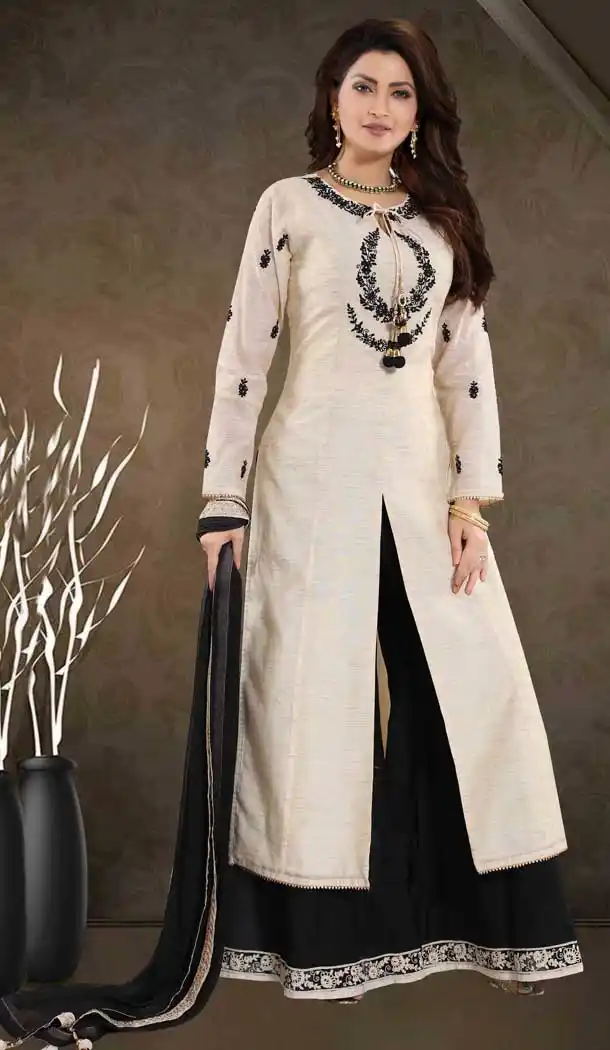 Cream Color Art Silk Designer Party Wear Readymade Palazzo Suit -815999344