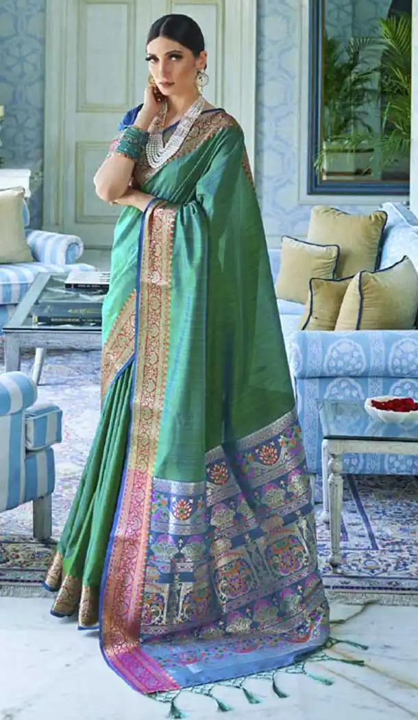 Melodic Green Color Tussar Silk Casual Wear Classic Saree Blouse -816299372