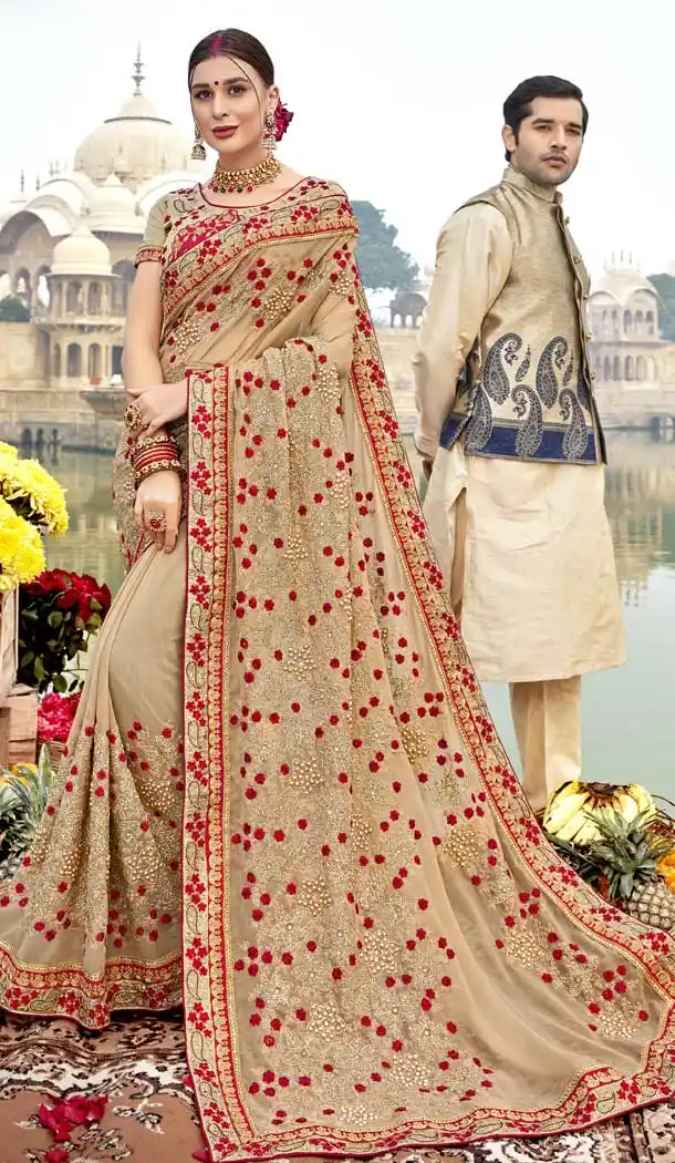 Beige Color Burfi silk Casual Wear Ceremonial Saree Blouse -816499386
