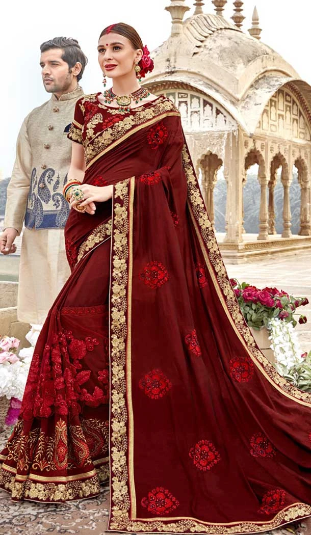 Maroon Color Burfi silk Casual Wear Ceremonial Saree Blouse -816499390