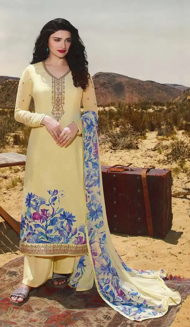 Bollywood Celebrity Prachi Design Yellow Color Royal Crepe Party Dress -815499265