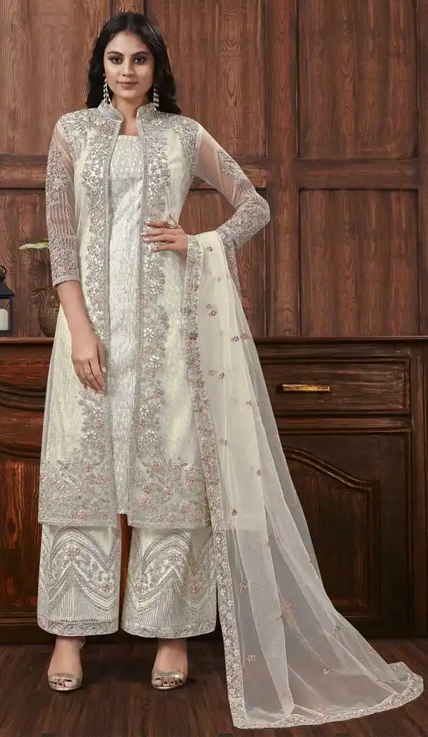 Off White Color Satin Designer Party Wear Palazzo Salwar Kameez -816599391