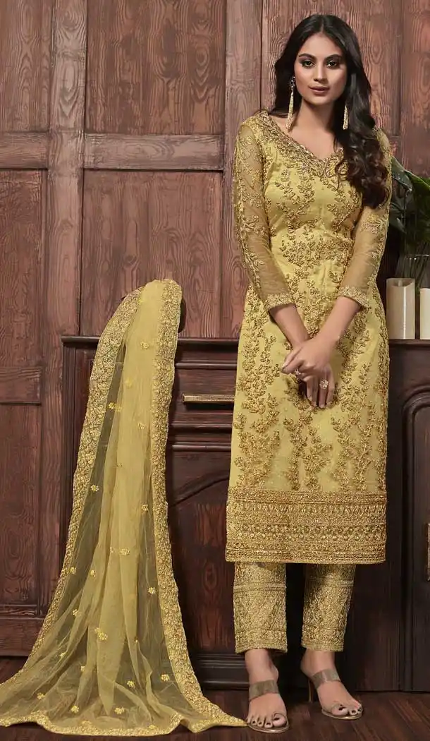 Yellow Color Net Designer Party Wear Palazzo Salwar Kameez -816599394