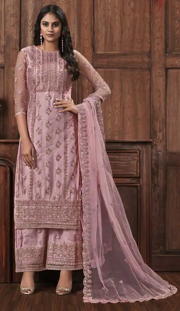 Light Pink Color Net Designer Party Wear Palazzo Salwar Kameez -816599397