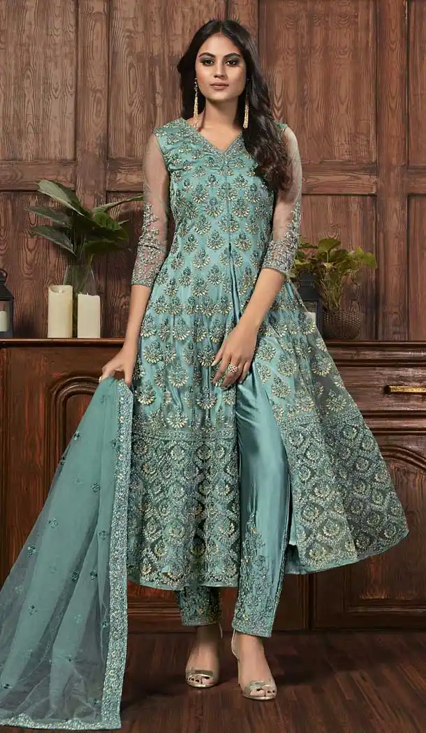 Aqua Blue Color Net Designer Party Wear Palazzo Salwar Kameez -816599398