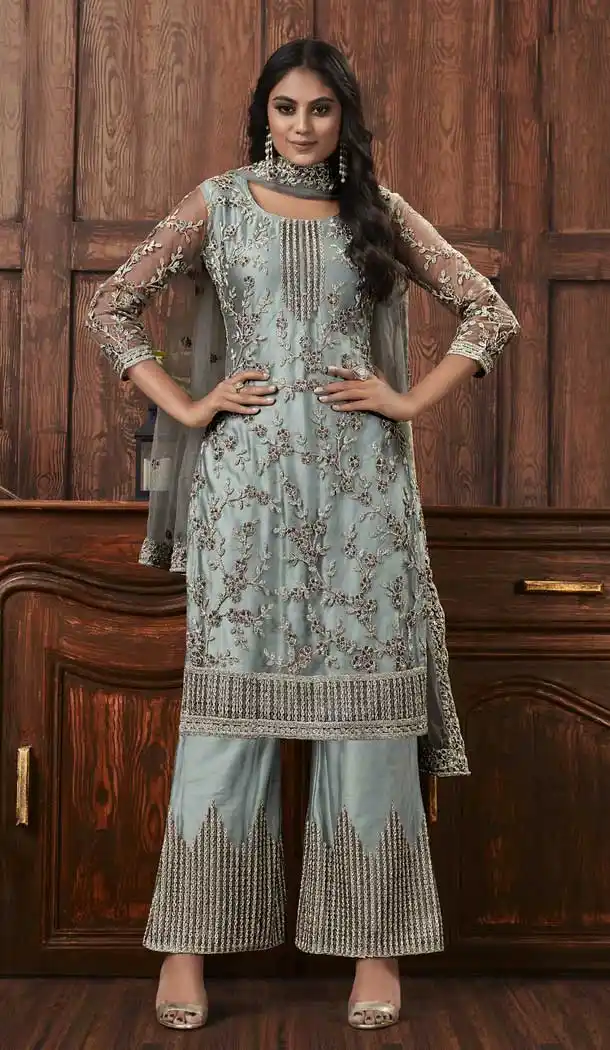 Grey Color Net Designer Party Wear Palazzo Salwar Kameez -816599399