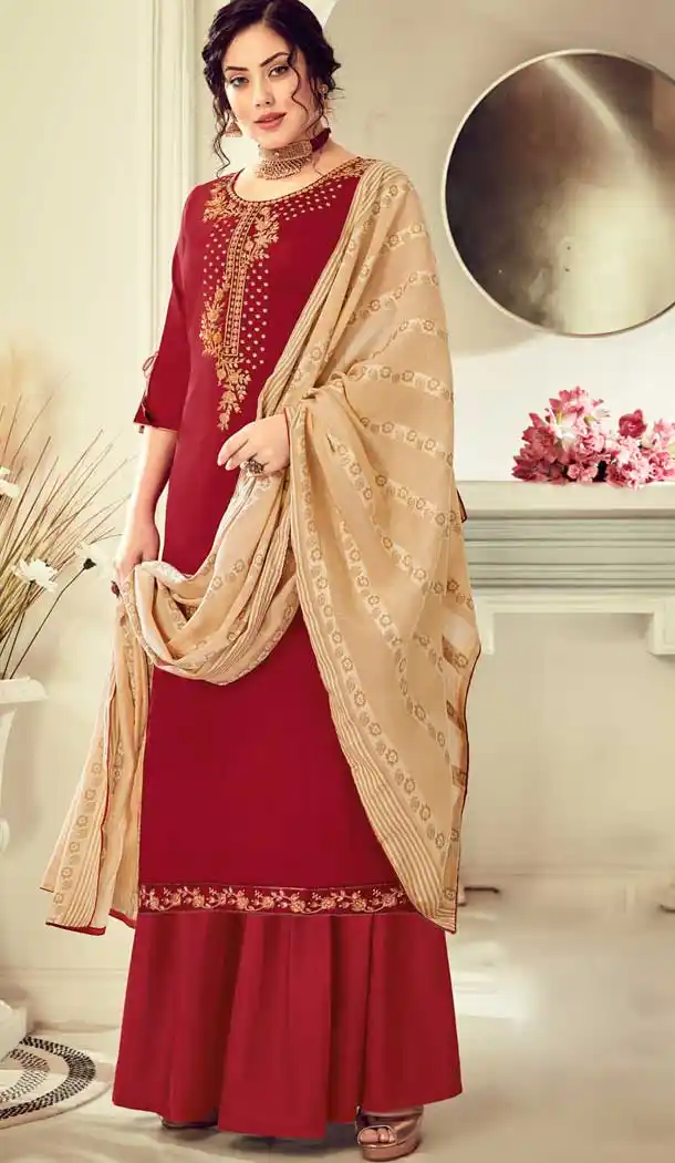 Maroon Color Pure Jam Cotton Party Wear Palazzo Salwar Kameez -817699488