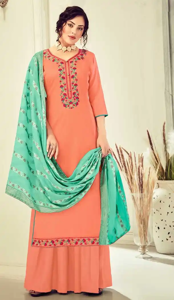 Peach Color Pure Jam Cotton Party Wear Palazzo Salwar Kameez -817699489