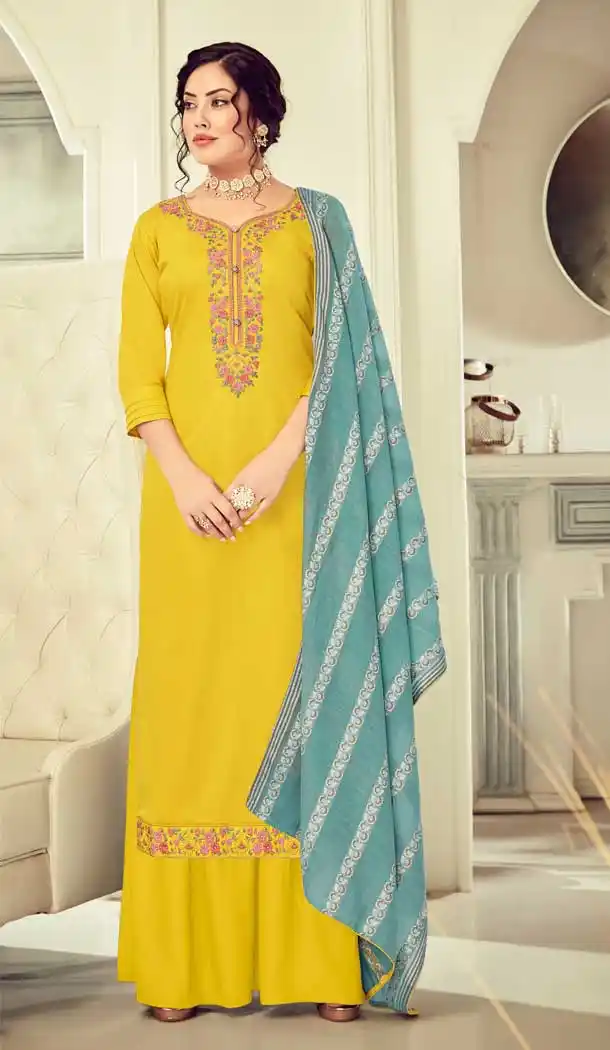 Lemon Yellow Color Pure Jam Cotton Party Wear Palazzo Salwar Kameez -817699490