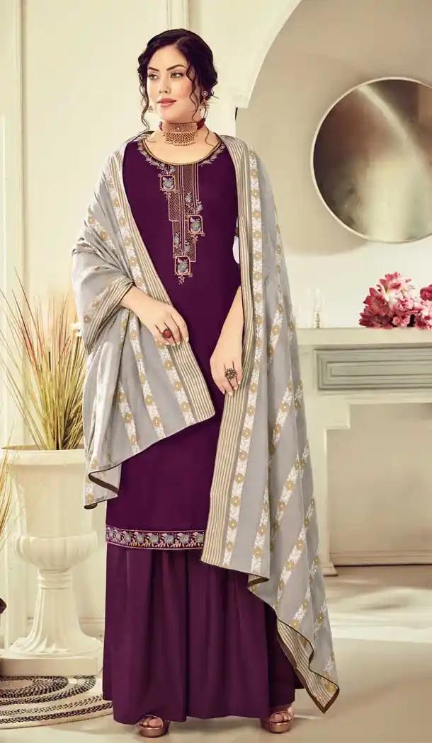 Wine Color Pure Jam Cotton Party Wear Palazzo Salwar Kameez -817699491