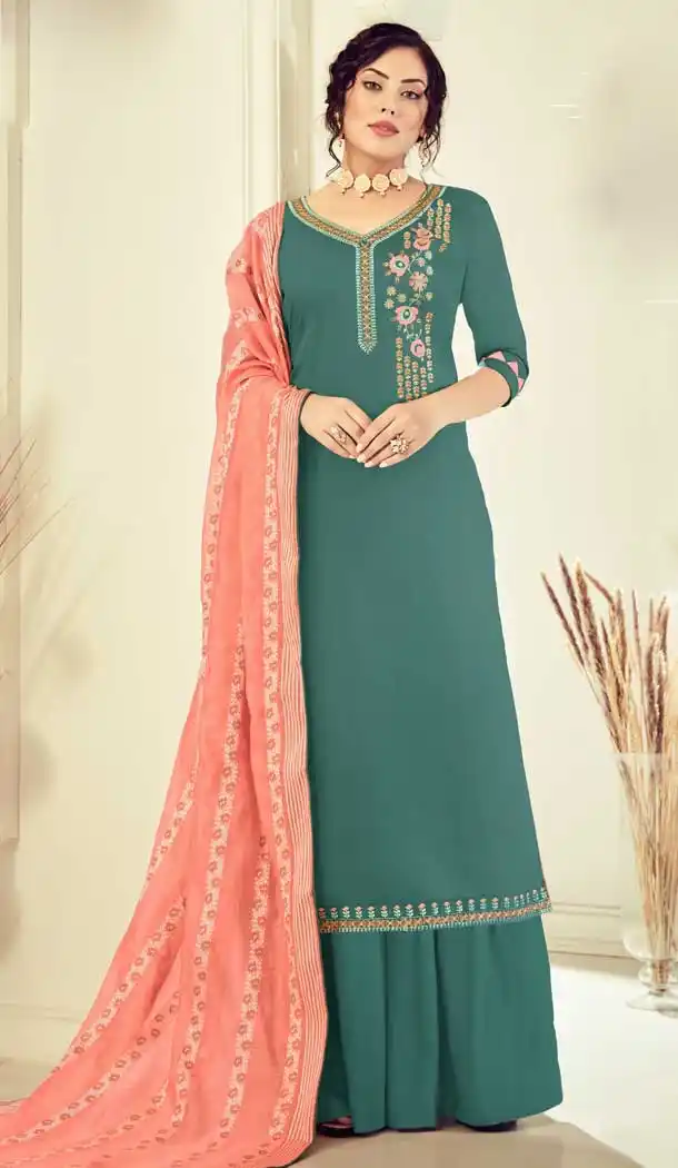 Pine Color Pure Jam Cotton Party Wear Palazzo Salwar Kameez -817699493