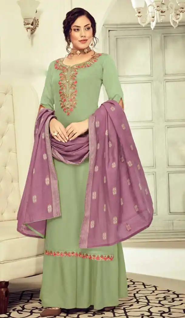 Sage Color Pure Jam Cotton Party Wear Palazzo Salwar Kameez -817699494