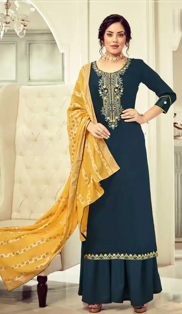 Navy Blue Color Pure Jam Cotton Party Wear Palazzo Salwar Kameez -817699495