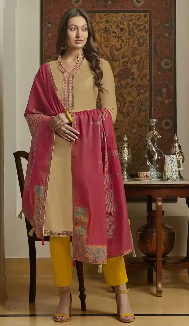 Beige Color Muslin Casual Party Wear Women Salwar Kameez -817899500