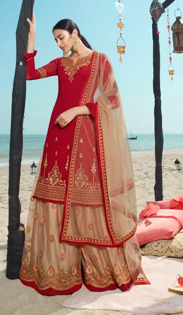 Red Color Heavy Net Designer Festive Wear Lehenga Style Salwar Suit -818299530