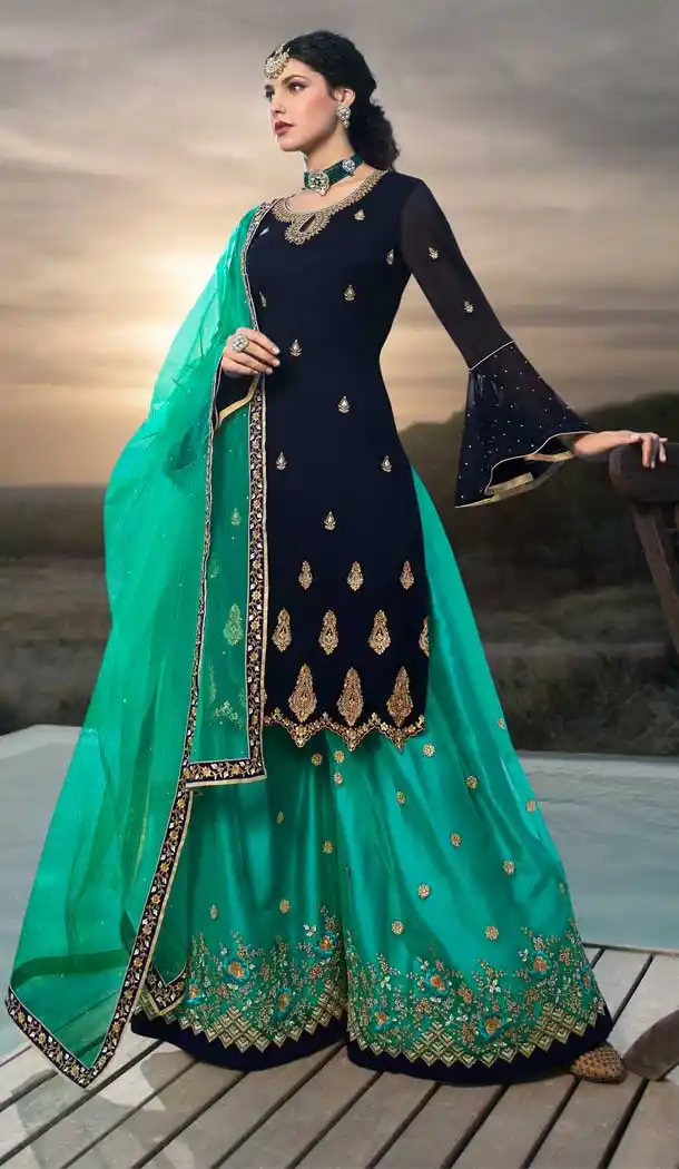 Navy Blue Color Heavy Net Designer Festive Wear Lehenga Style Salwar Suit -818299532
