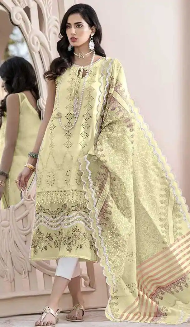 Light Yellow Color Pure Cotton Pakistani Style Casual Wear Salwar Kameez -818399536