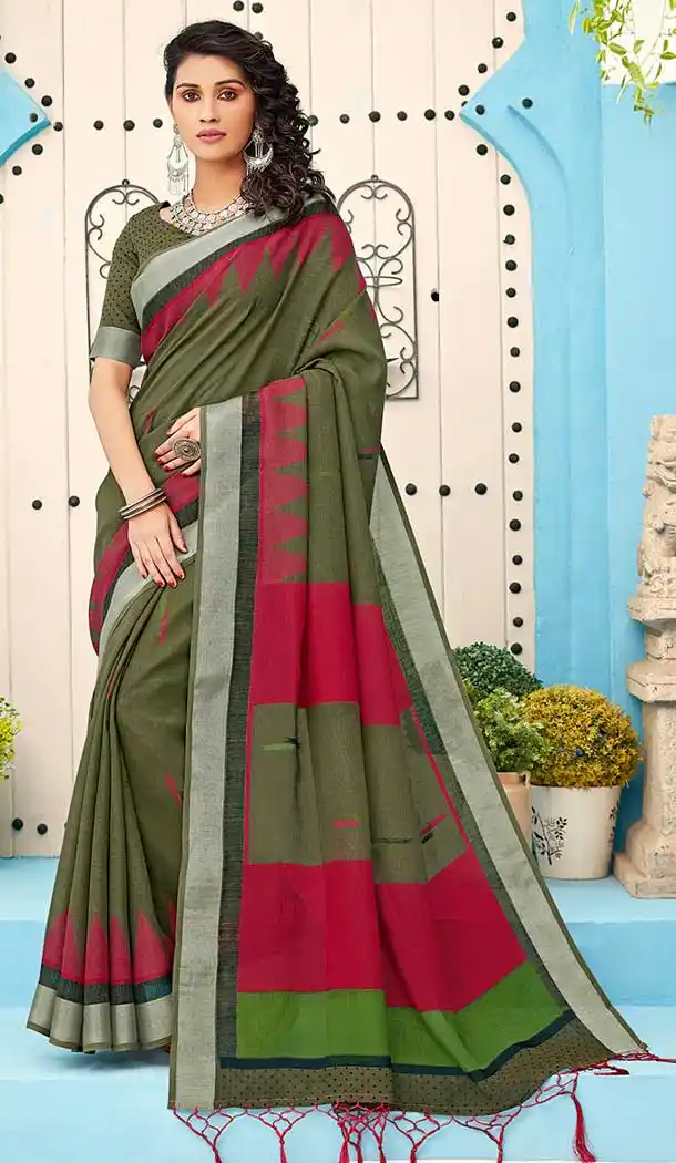 Green Color Linen Cotton Print Casual Office Wear Saree Blouse -819299624