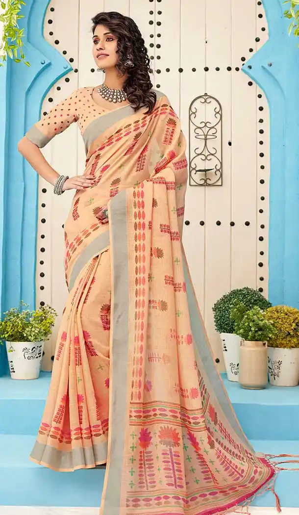 Cream Color Linen Cotton Print Casual Office Wear Saree Blouse -819299625