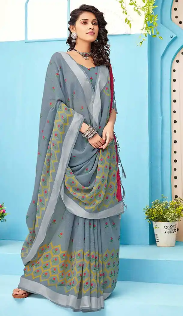 Grey Color Linen Cotton Print Casual Office Wear Saree Blouse -819299626