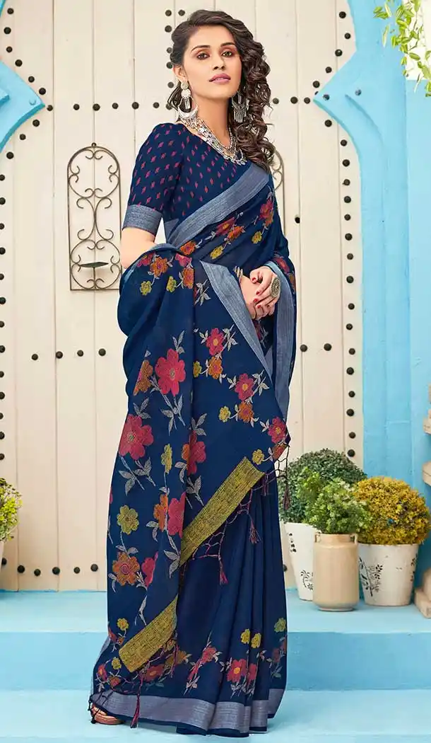 Blue Color Linen Cotton Print Casual Office Wear Saree Blouse -819299627