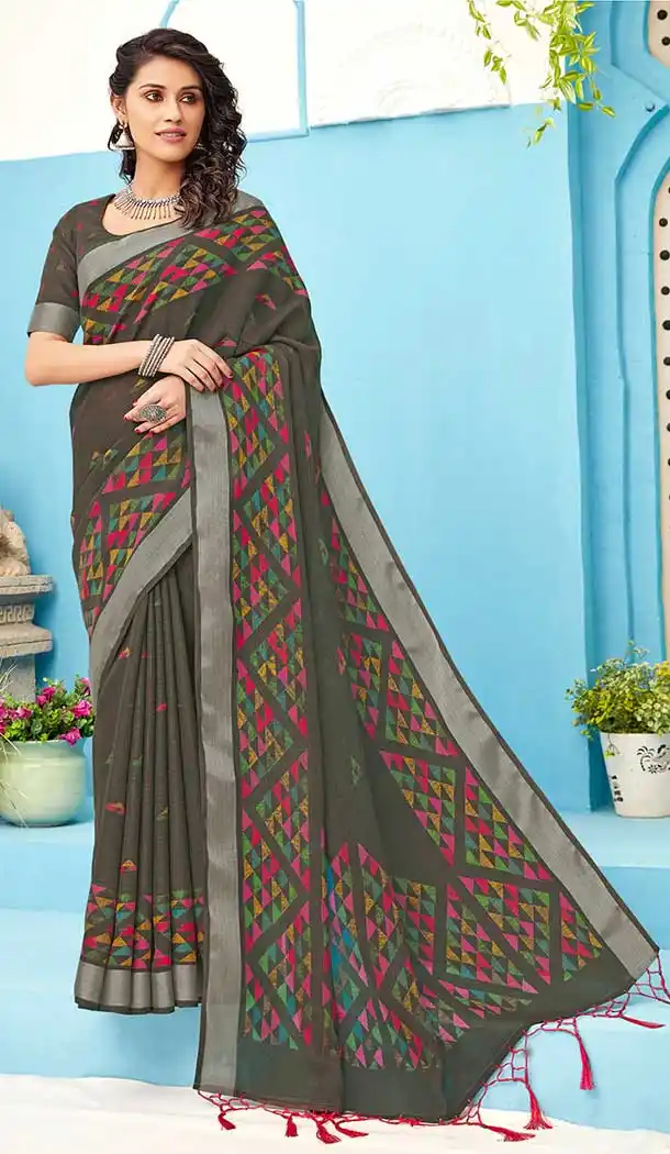 Mehendi Green Color Linen Cotton Print Casual Office Wear Saree Blouse -819299629