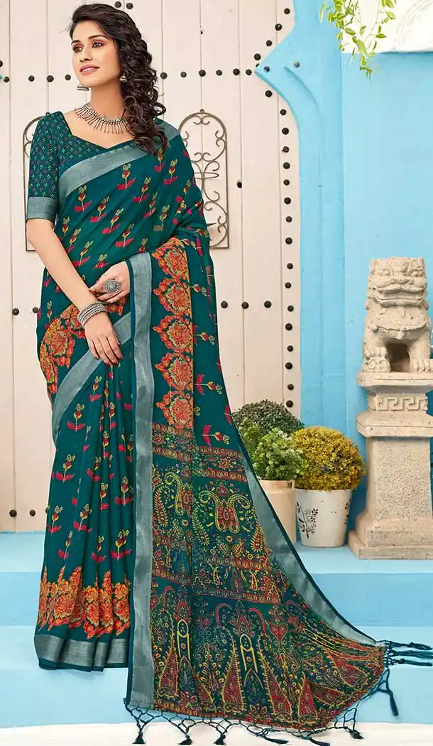 Rama Color Linen Cotton Print Casual Office Wear Saree Blouse -819299630