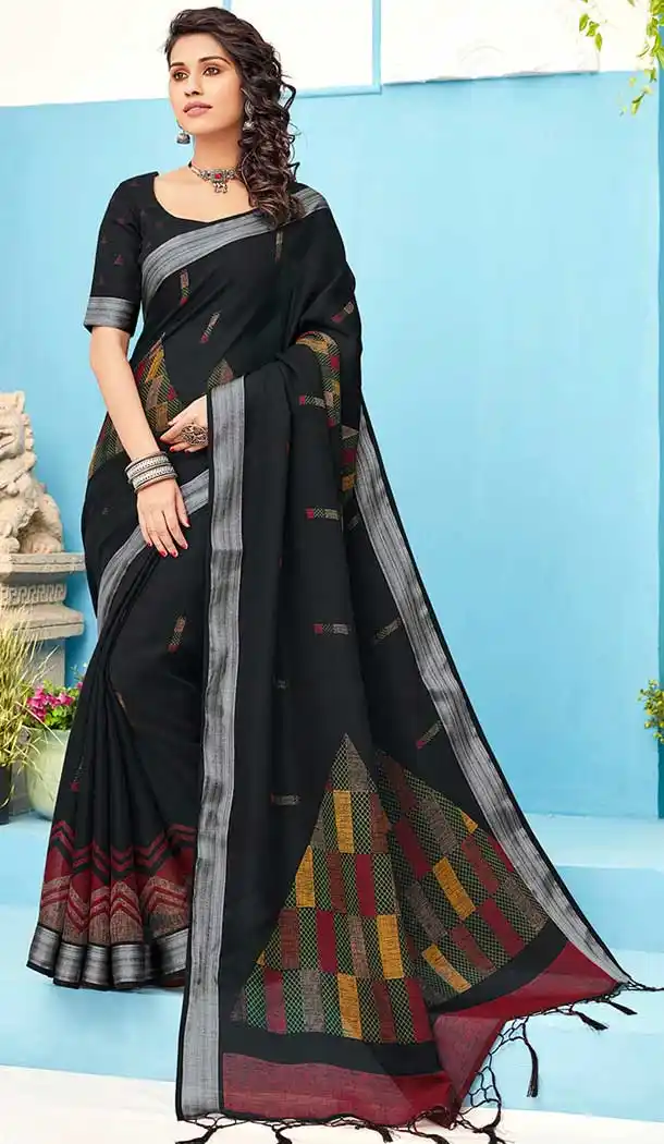 Black Color Linen Cotton Print Casual Office Wear Saree Blouse -819299631