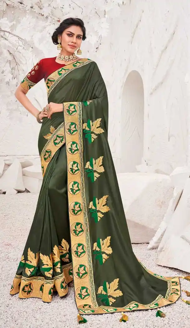 Mehendi Green Color Satin Georgette Designer Wear Plus Size Saree Blouse -819499640