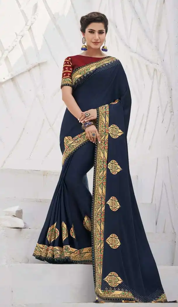 Navy Blue Color Satin Georgette Designer Wear Plus Size Saree Blouse -819499643