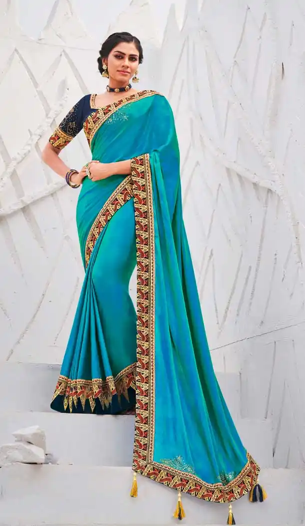 Sky Blue Color Satin Georgette Designer Wear Plus Size Saree Blouse -819499645