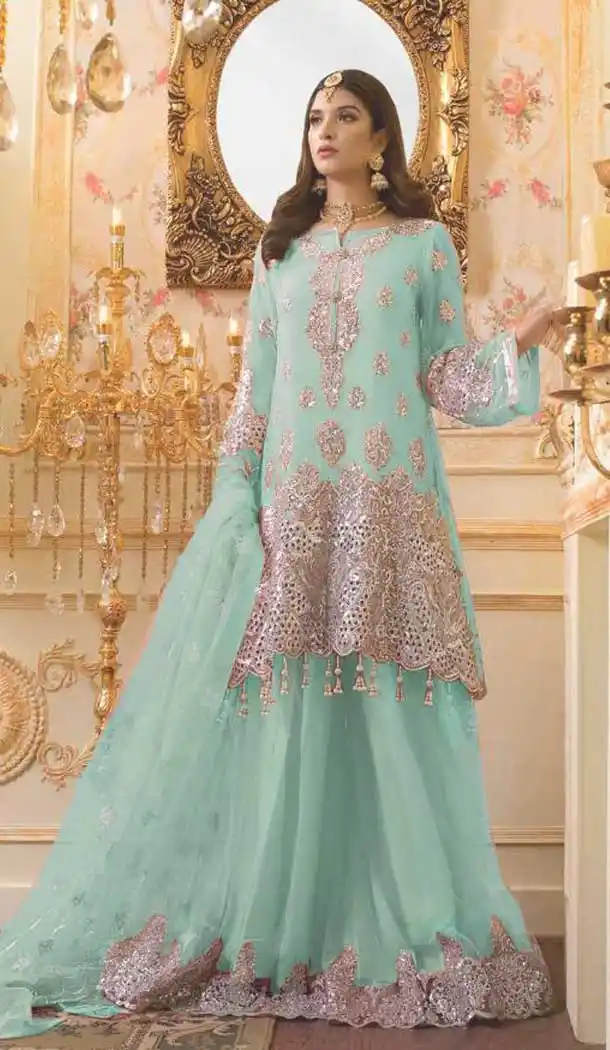 Aqua Color Georgette Pakistani Style Party Wear Lehenga Suit -820499723