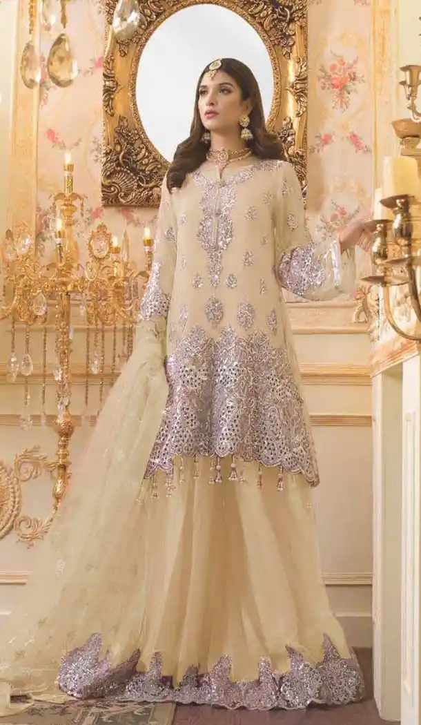 Cream Color Georgette Pakistani Style Party Wear Lehenga Suit -820499724