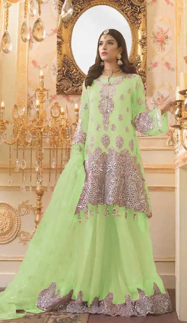 Light Green Color Georgette Pakistani Style Party Wear Lehenga Suit -820499726
