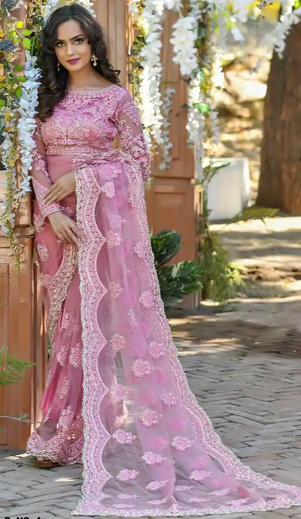 Rose Pink Color Net Embroidery Designer Wedding Saree Blouse -820599730