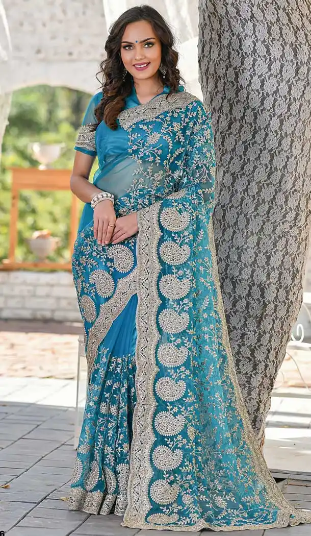 Sky Blue Color Net Embroidery Designer Wedding Saree Blouse -820599732