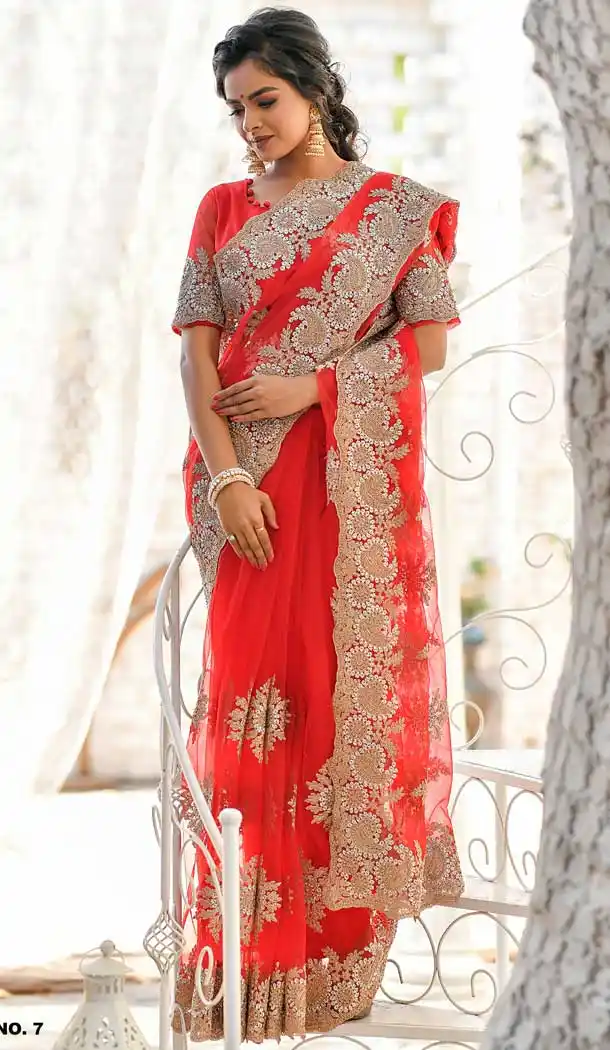 Red Color Net Embroidery Designer Wedding Saree Blouse -820599733
