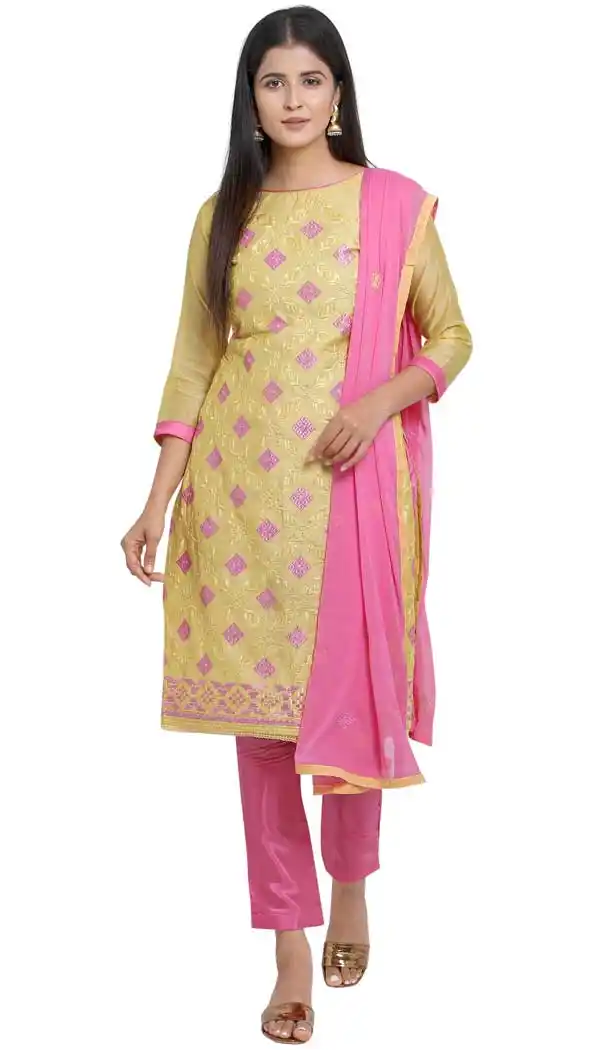 Yellow Color Chanderi Cotton Straight Cut Casual Wear Salwar Suit -820899751