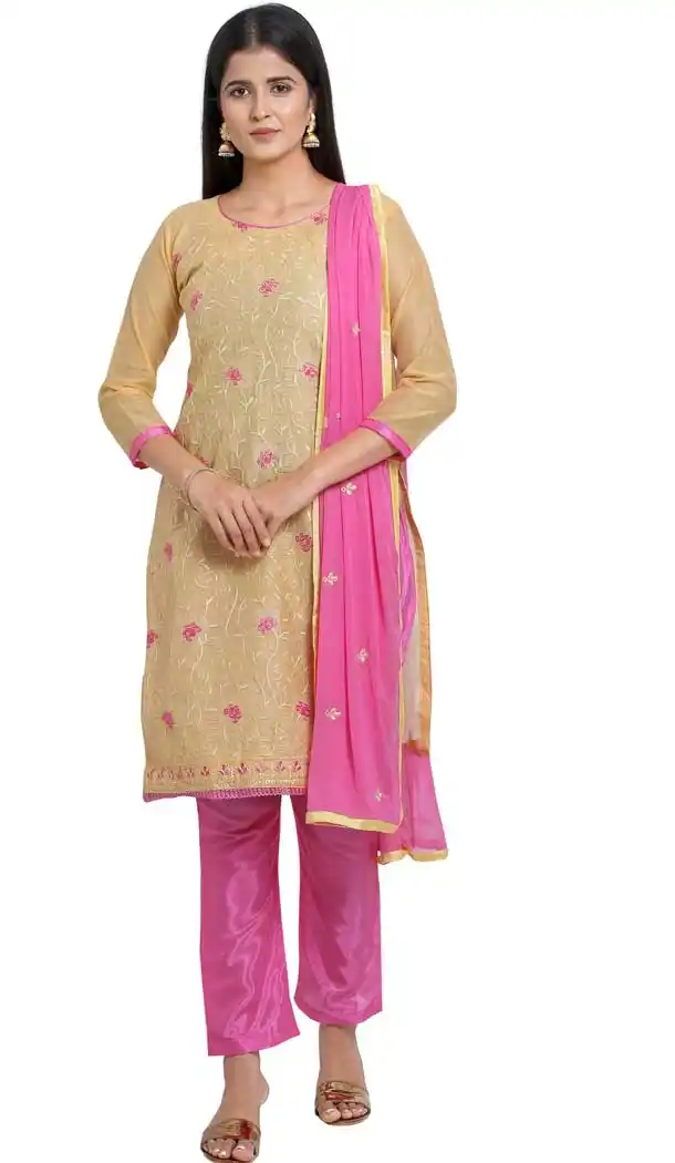 Beige Color Chanderi Cotton Straight Cut Casual Wear Salwar Suit -820899752