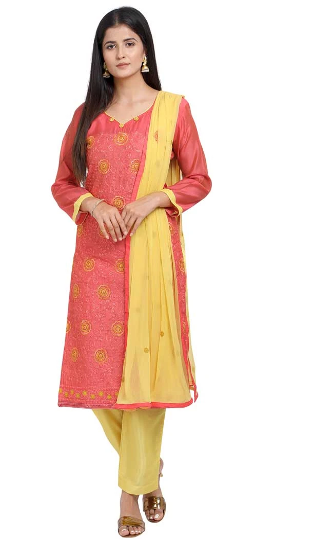 Coral Color Chanderi Cotton Straight Cut Casual Wear Salwar Suit -820899753