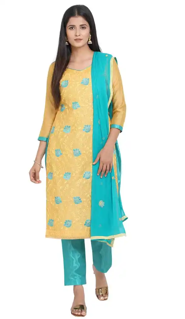 Yellow Color Chanderi Cotton Straight Cut Casual Wear Salwar Suit -820899754