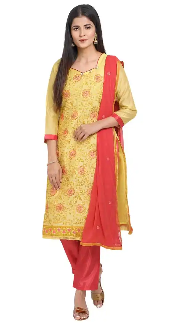 Yellow Color Chanderi Cotton Straight Cut Casual Wear Salwar Suit -820899756