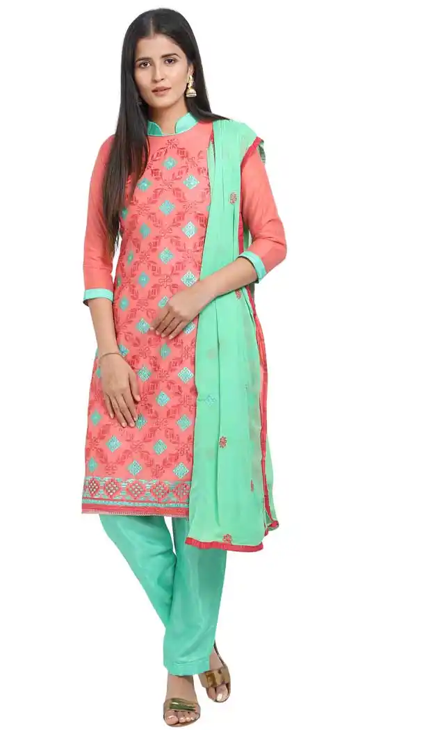 Peach Color Chanderi Cotton Straight Cut Casual Wear Salwar Suit -820899758