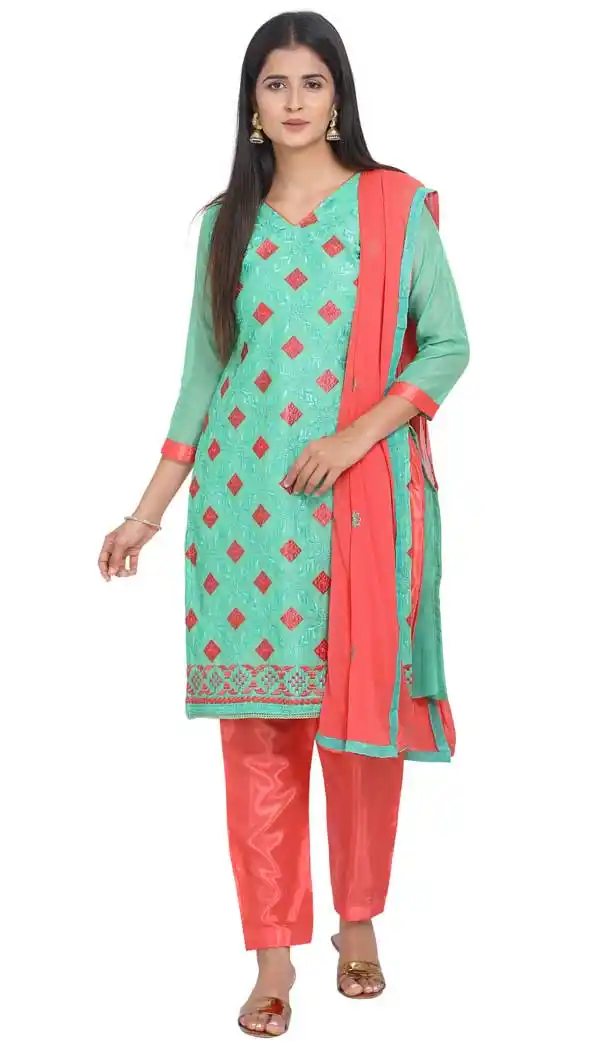 Sea Green Color Chanderi Cotton Straight Cut Casual Wear Salwar Suit -820899759