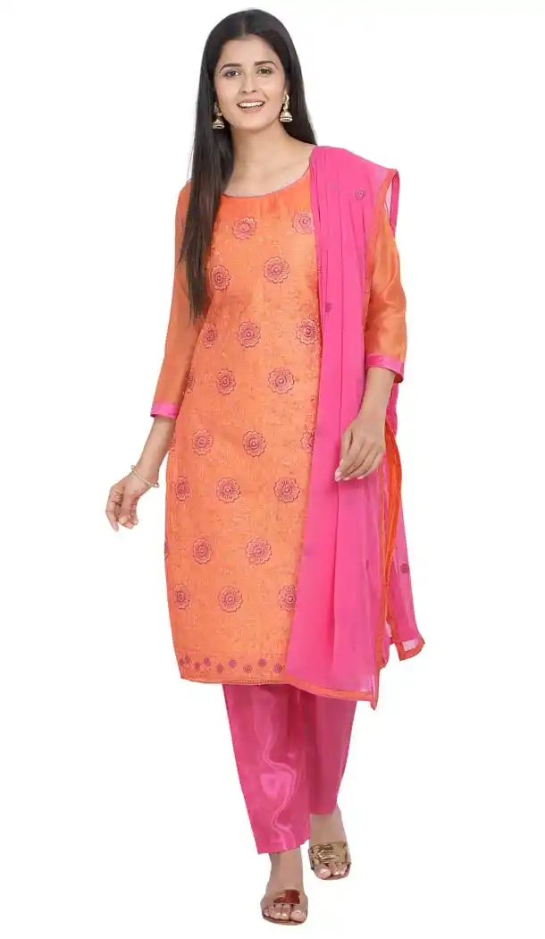Orange Color Chanderi Cotton Straight Cut Casual Wear Salwar Suit -820899760