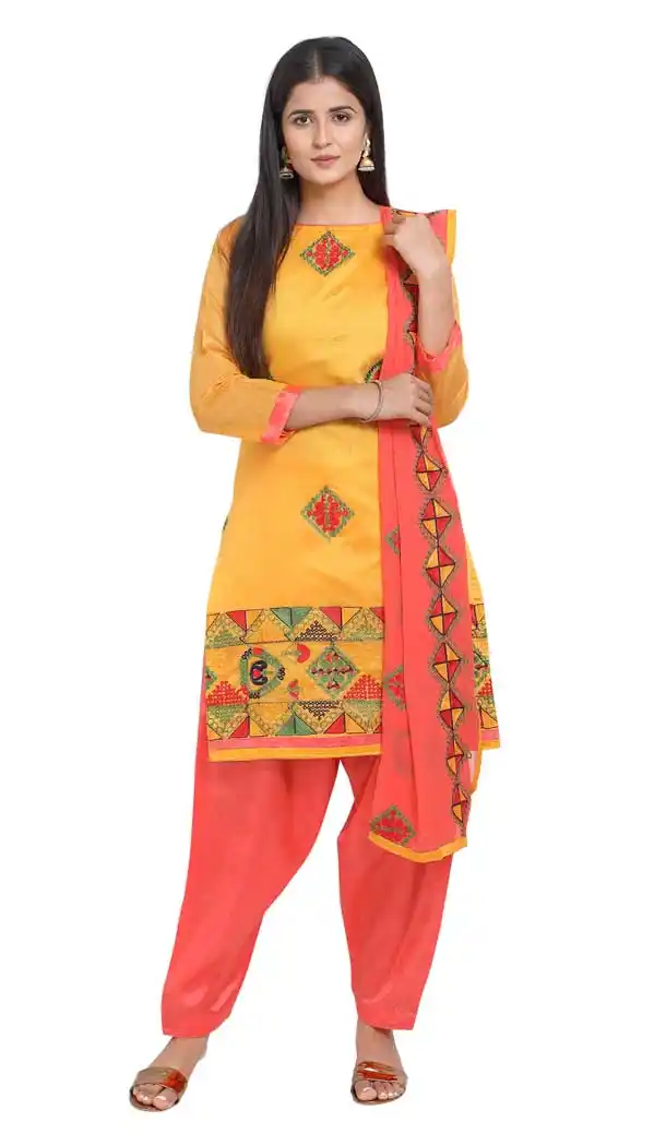 Yellow Color Chanderi Cotton Straight Cut Casual Wear Salwar Suit -820899761