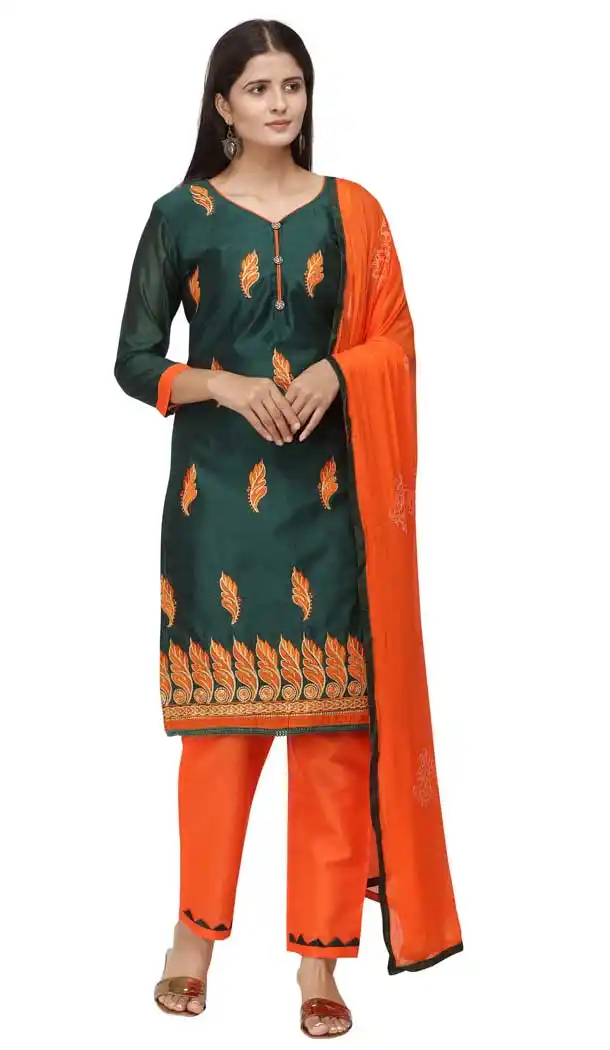 Dark Green Color Chanderi Cotton Straight Cut Casual Wear Salwar Suit -820899763