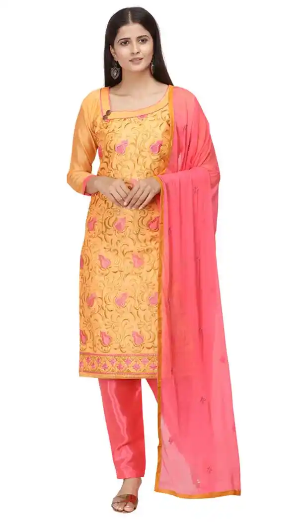 Mustard Color Chanderi Cotton Straight Cut Casual Wear Salwar Suit -820899764