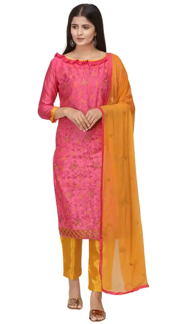 Pink Color Chanderi Cotton Straight Cut Casual Wear Salwar Suit -820899765